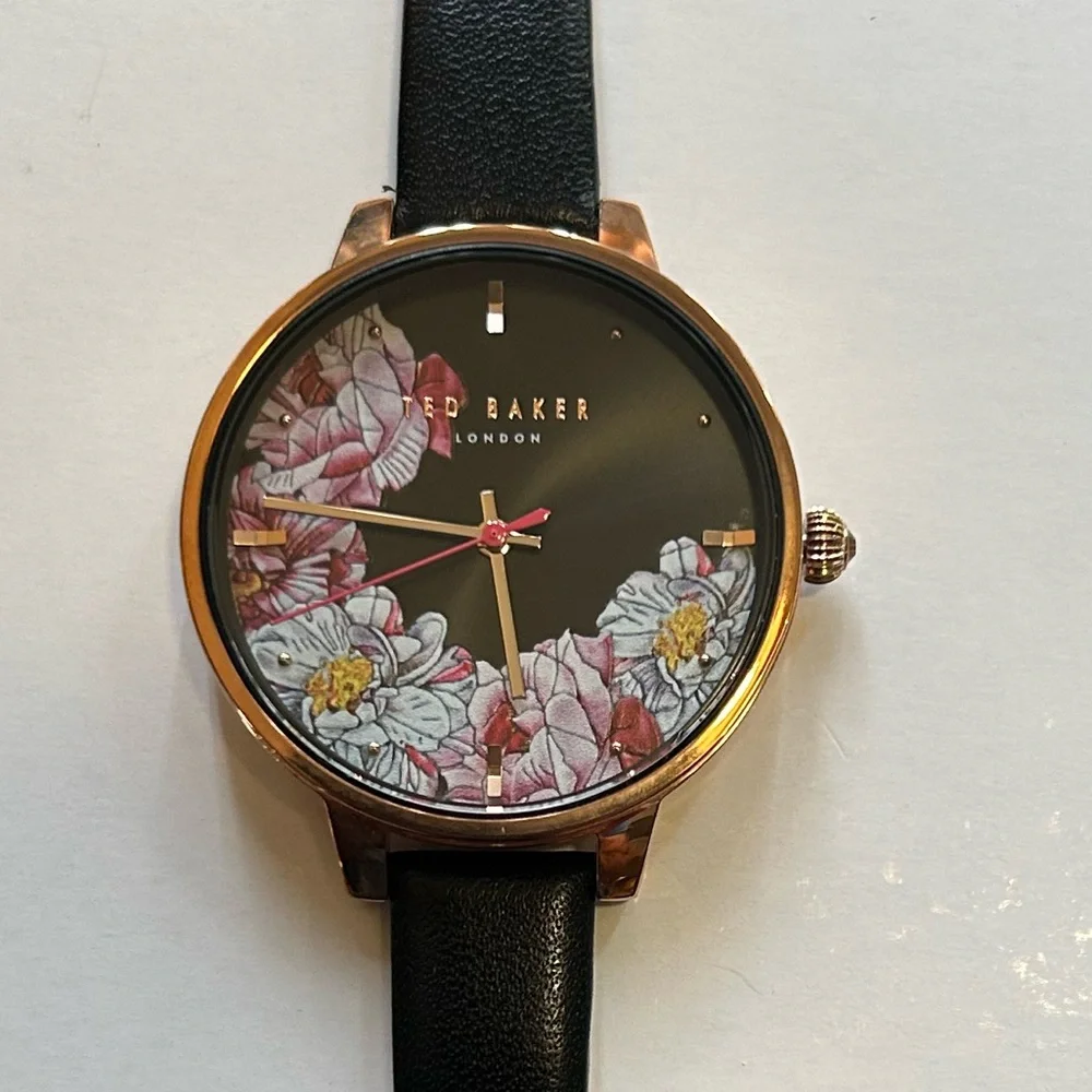 TED BAKER KATE WATCH WITH 32 BLACK FLORAL FACE & BLACK LEATHER BAND